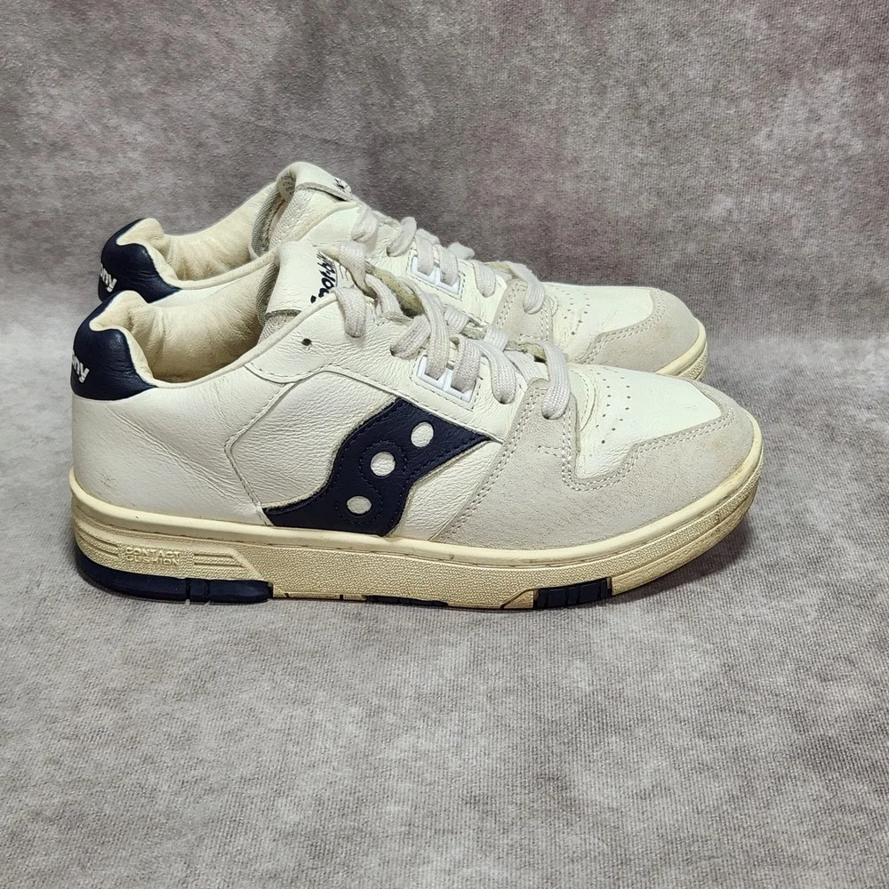 Saucony Spot-bilt Sonic Low Cream Navy Leather Suede Sneakers Mens 6 Womens 7.5